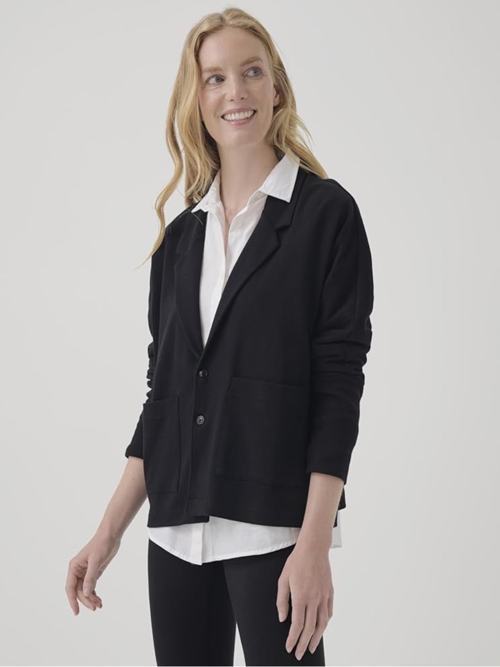 Pact Organic Cotton Airplane Relaxed Blazer Minimalist Stretch Black Size XL